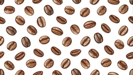 Obraz premium Watercolor Coffee Beans Seamless Pattern Scattered, Brown, Realistic Illustration, Coffee Background Coffee, Beans