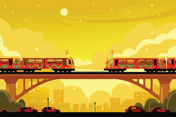 Vibrant, colorful trains speeding across multiple bridges, sunny day, detailed rendering.