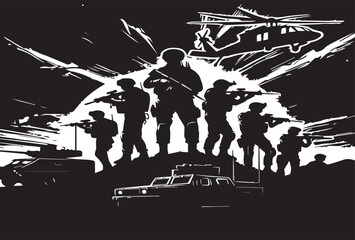 Military vector illustration army combat. Soldiers in action poses.