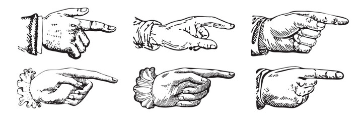 Set of engravings of pointing fingers. Hands pointing symbols.