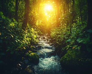 Obraz premium Sunlit stream flows through lush green rainforest.