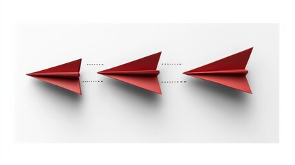 Three red paper airplanes in a row, symbolizing progress and innovation on a clean surface