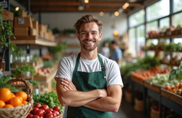 Young smiling man stands at modern farmers market shop. Male owner in green apron poses arms crossed at retail organic grocery store, local business. Fresh vegetables on background.