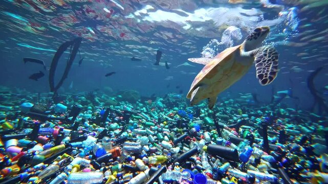 Ocean filled with plastic debris, where a sea turtle is entangled in waste, struggling to swim as pollution surrounds it