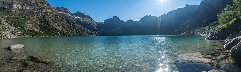 Obraz premium A serene lake with crystal-clear water, surrounded by towering cliffs, captured in a stunning landscape photograph.