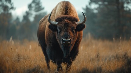 Majestic bison staring intently in a field.
