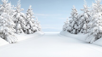 Snowy winter forest path in a digital landscape.  Ideal for winter sports, travel, or nature imagery