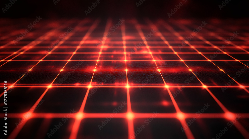 Aufkleber Futuristic landscape with glowing red grid pattern, blurred edges emphasizing geometric digital network against dark technological backdrop