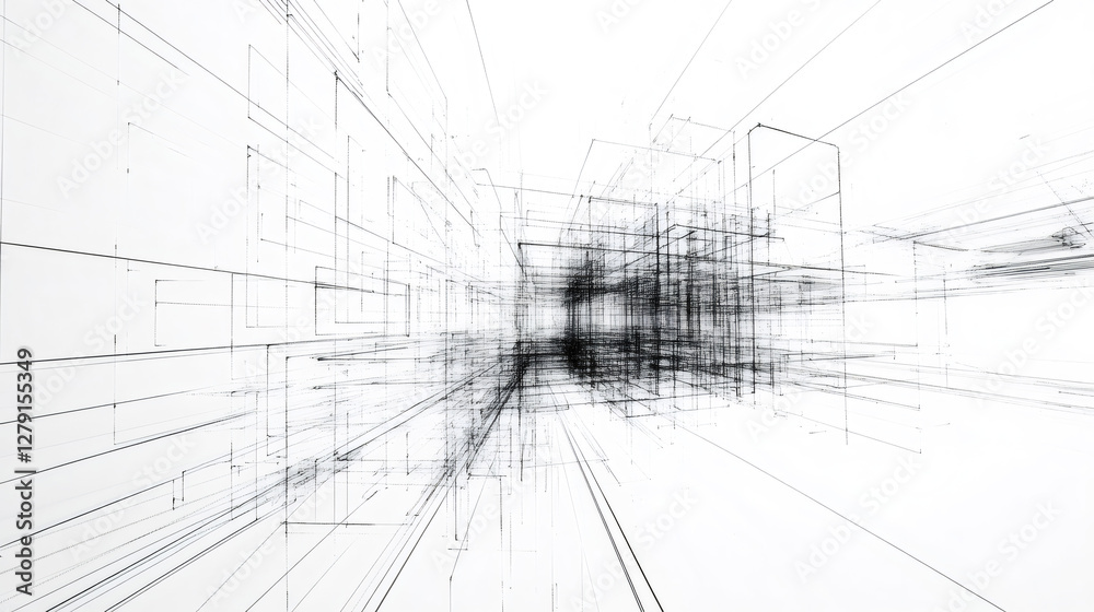 Poster complex wireframe structure forming an abstract architectural design, representing modern buildings 
