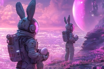Embark on an astral Easter mission with explorer rabbits in sleek space suits, as they leave digital eggs on the surface of a mysterious, ringed planet.


