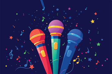 Vibrant, colorful karaoke microphones encircled by musical notes, instruments, and other music-themed elements.  A joyful, celebratory scene.