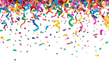 Fototapeta premium Colorful confetti and streamers falling against a white background, perfect for celebrations.