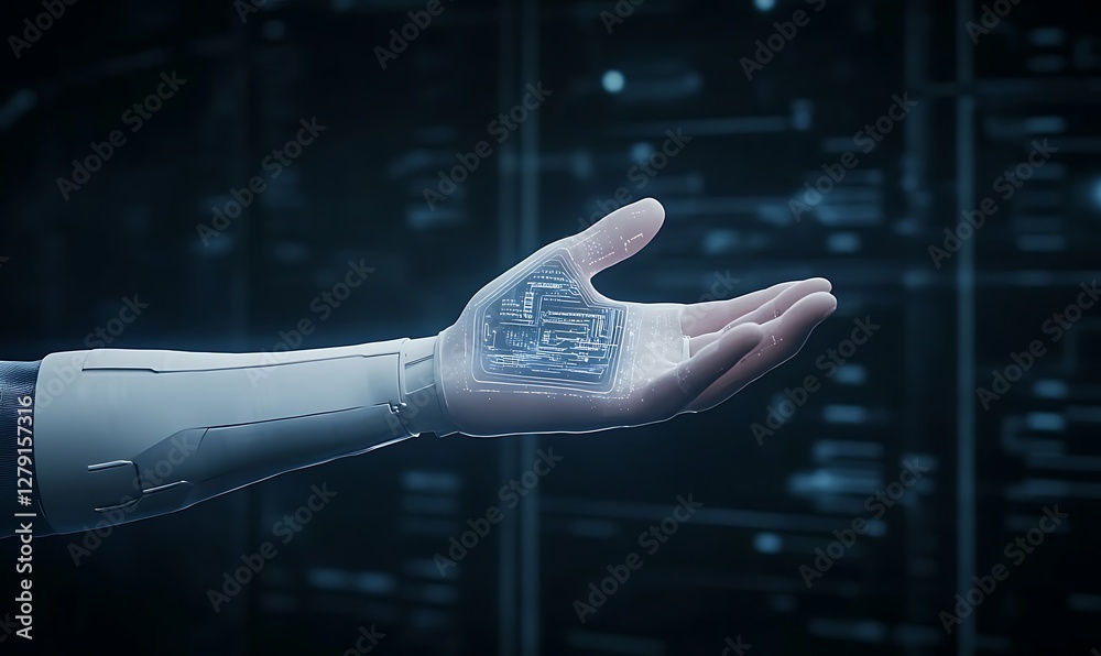 Poster a futuristic cybernetic arm interface featuring holographic bio-data visualization.