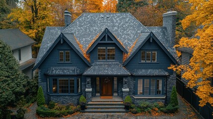 Autumnal Suburban Home Aerial View