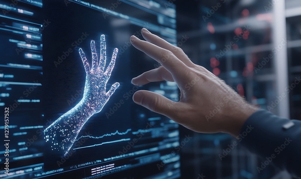 Aufkleber a futuristic cybernetic arm interface with holographic bio-data display.