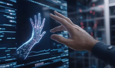 A futuristic cybernetic arm interface with holographic bio-data display.