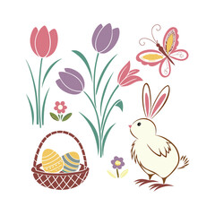 Set of Easter design elements. Eggs, chicken, butterfly, rabbit, tulips vector art and illustration