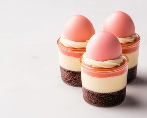 Layered strawberry and vanilla Easter egg mousse cups with a glossy top