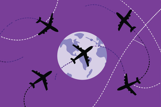 Create a flat design illustration of multiple airplanes flying in formation over a detailed globe, emphasizing international travel and connectivity.