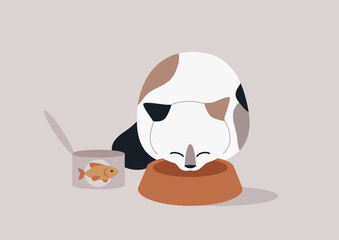 A charming cat eagerly feasts on a bowl of tuna, relishing each bite, Nearby, a can of fish hints at gourmet flavor, This joyful moment captures the essence of feline delight during mealtime