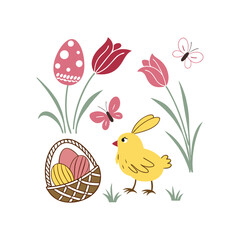 Set of Easter design elements. Eggs, chicken, butterfly, rabbit, tulips vector art and illustration