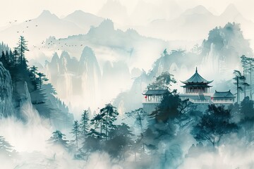 Fototapeta premium Serene mountain landscape featuring a traditional temple amidst misty hills.