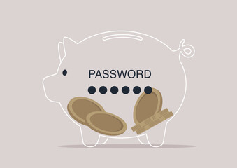 A whimsical piggy bank features a password entry interface, illustrating the fusion of traditional saving with contemporary technology, perfect for the digital age