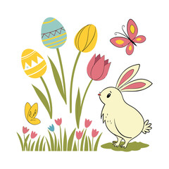 Set of Easter design elements. Eggs, chicken, butterfly, rabbit, tulips vector art and illustration