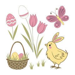 Set of Easter design elements. Eggs, chicken, butterfly, rabbit, tulips vector art and illustration