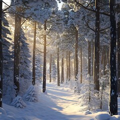 Majestic Pine Trees Snowfall Sunlight Filtering Serene Landscape