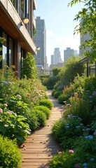 Obraz premium Rooftop garden with various plants enhances urban landscape under clear skies. Wooden path between flowerbeds. City garden promotes biodiversity, offers recreation area, wellness, relaxation. Sunny