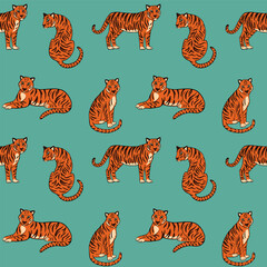 Tropic summer painting seamless pattern with tigers. Vector illustration. Summer decoration print for wrapping, wallpaper, fabric. 