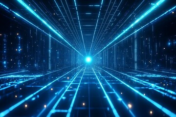 Futuristic digital landscape featuring a glowing blue grid extending infinitely into the distance.