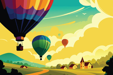 Vibrant hot air balloons ascend over a picturesque, tranquil village at sunrise, showcasing idyllic rural life.