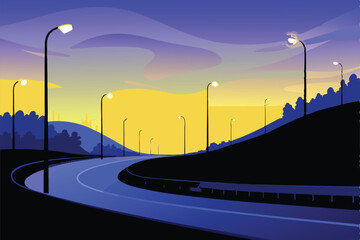 Night highway scene featuring winding roads, glowing streetlights, and dramatic lighting.  Capture the feeling of a long drive.
