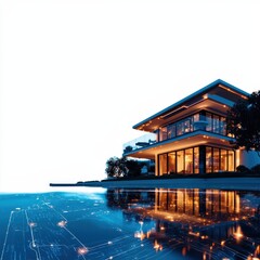 A contemporary house with large windows reflecting on water, set against a bright sky, showcasing modern architecture and serene surroundings.