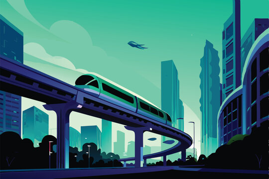 A detailed illustration of a sleek, futuristic monorail speeding through a vibrant, neon-lit cityscape at night.