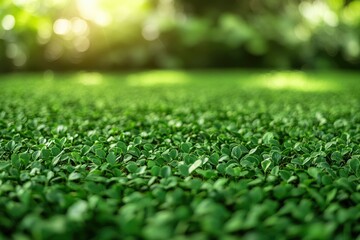 Naklejka premium Dense green foliage of small leaves bathed in sunlight, creating a lush and vibrant natural scene.