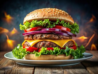 Double Hamburger Fast Food Restaurant Photo, Delicious Food, Copy Space