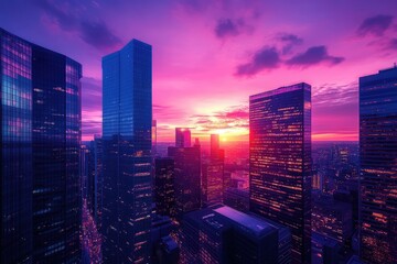 Fototapeta premium Vibrant sunset paints a cityscape of towering skyscrapers in shades of purple and pink, glowing with city lights.