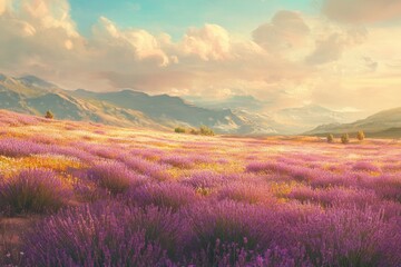 Obraz premium Lavender field, blue sky with clouds, sunset, evening.