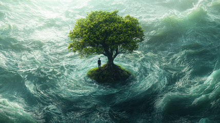 Standing firm on a tiny island amid a chaotic ocean, a person clings to a solitary tree for hope and stability in tumultuous waters