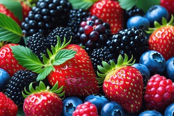 Fototapeta premium Fresh Mixed Berries – Strawberries, Blackberries, Blueberries in Vibrant Colors