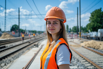 Confident female construction worker in hard hat and reflective vest at railroad site