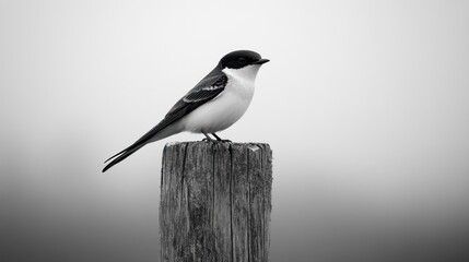 Black and white bird perched on wooden post in misty field