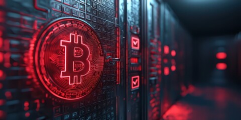 A digital representation of a Bitcoin emblem surrounded by a high-tech, red-lit server environment, symbolizing cryptocurrency and blockchain technology.