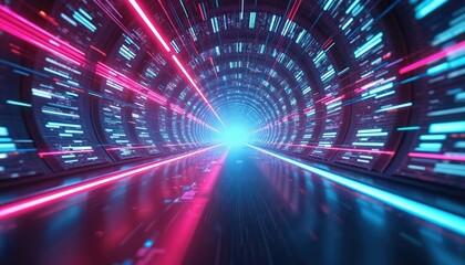 Abstract futuristic HUD tunnel with motion graphics of data centers, servers. High-speed internet concept. Image features blue, red lights. Ideal for tech, crypto innovation presentation background.