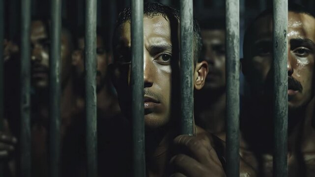 A group of inmates in a dimly lit prison cell looks through rusty bars, evoking a sense of isolation and confinement