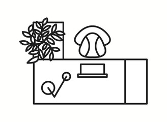 Vector illustration of a workspace featuring a laptop, a plant, and a chair in a top-down view. Ideal for modern office layouts and productivity planning.