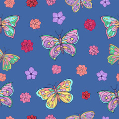 Seamless vector pattern with butterfly and flowers. Decoration print for wrapping, wallpaper, fabric, textile. Spring background.